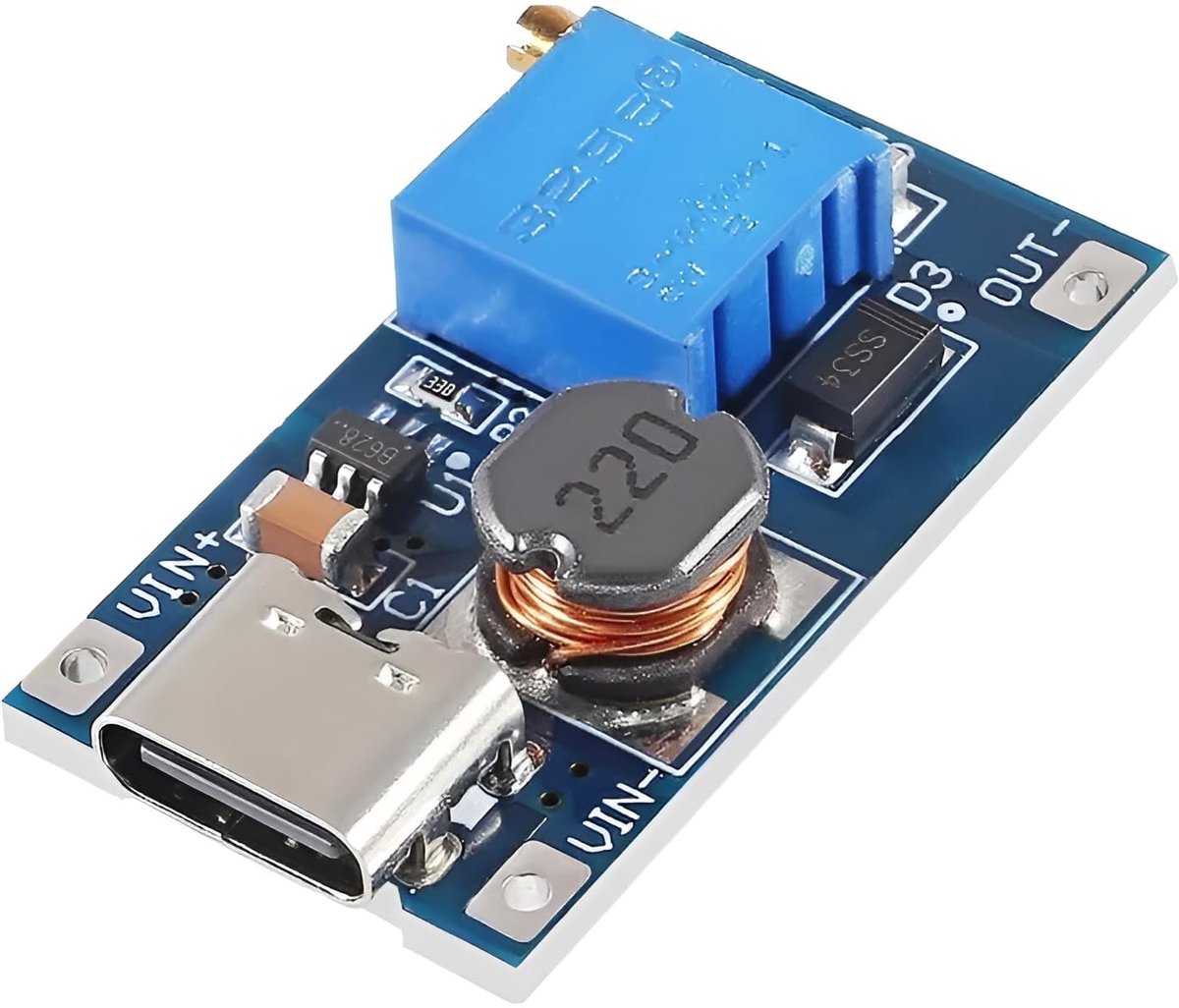 DC-DC boost/step-up-module, verstelbaar, USB type C, converter van 2 V ~ 24 V naar 5 V ~ 28 V, 2 A