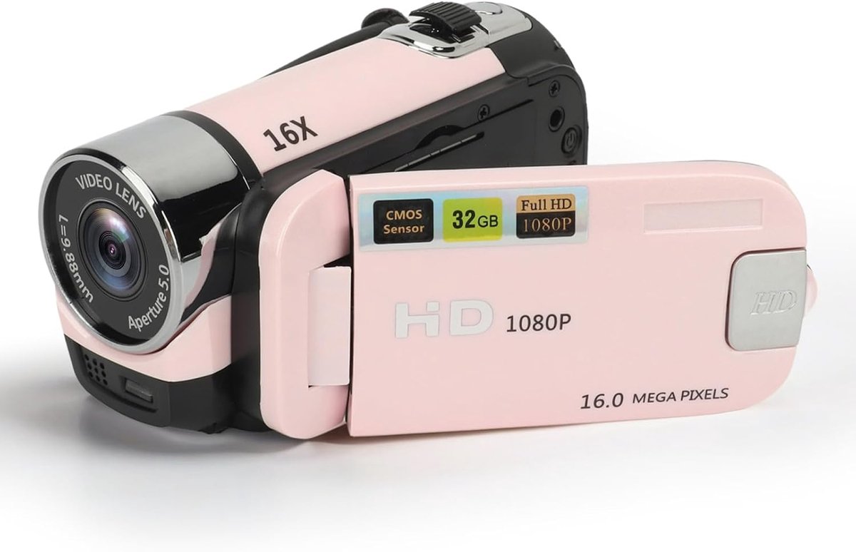 1080P HD Digitale Camera, 16x Zoom Vlog Videocamera Camcorder met 2,4 Inch Draaibaar Scherm voor Fotografie, Draagbare 16MP Selfiecamera met Invullicht voor Reisopname (PINK) - 32 GB