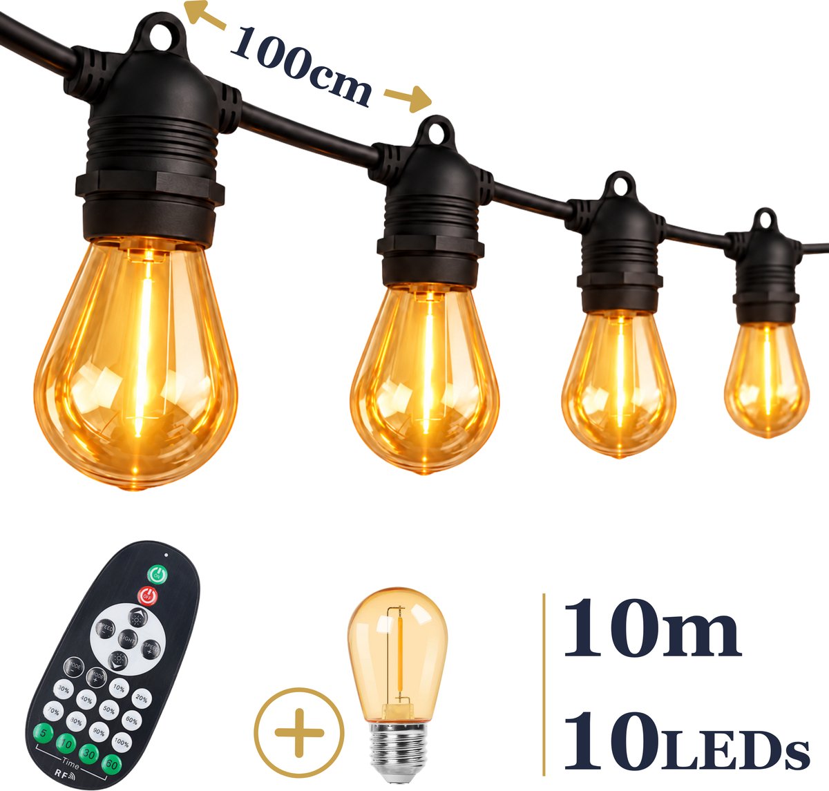 Odaily S14 Amber Lichtsnoer 10m - 10 LEDs - IP65 Waterdicht - Extra Warm Wit Licht - Dimbaar - Premium Kwaliteit