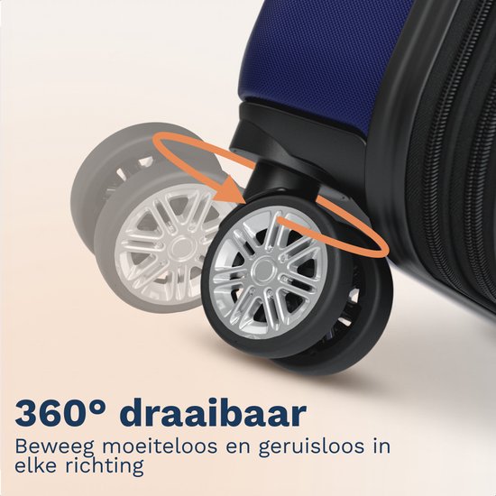 Dichtbij detail van een zilverkleurig wiel van een donkerblauwe koffer dat 360° draait.