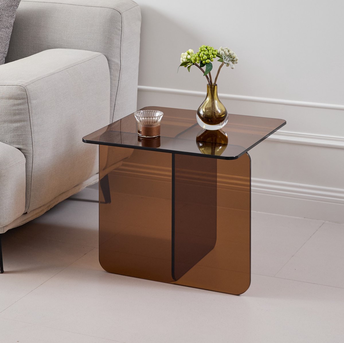 MEUNIQ Bijzettafel van gebogen gehard glas 45 x 45 x 51 cm - bruine transparante tafel voor naast de bank in woonkamer, kantoor of terras