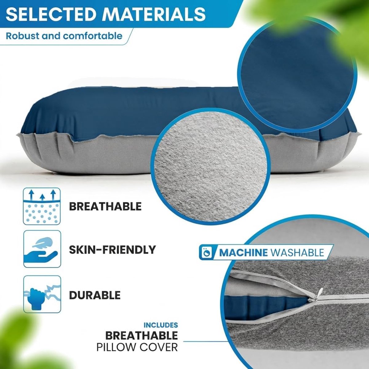 Opblaasbaar kampeerkussen SoftSleep+ - ultralicht blauw - inclusief wasbare kussensloop - ideaal voor onderweg - ShopVlot
