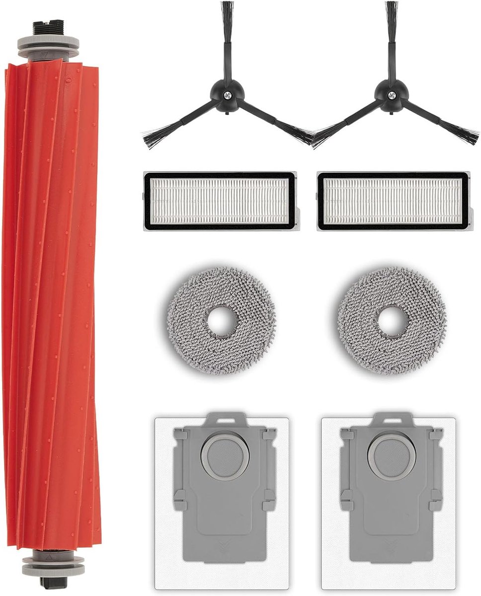 9 Stuks Qrevo S Vervangende Onderdelen Compatibel met Roborock Qrevo S, Qrevo Pro, Qrevo MaxV, QRevo Plus Robotstofzuiger, 1 Rolborstel, 2 Zwarte Zijborstels, 2 Stofzakken, 2 HEPA-filters, 2 Dweilpads