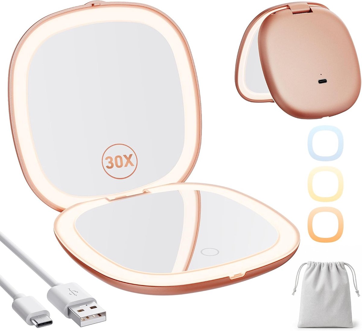 Comapct Spiegel met Licht 1X/30X Vergroting, Rose Goud
