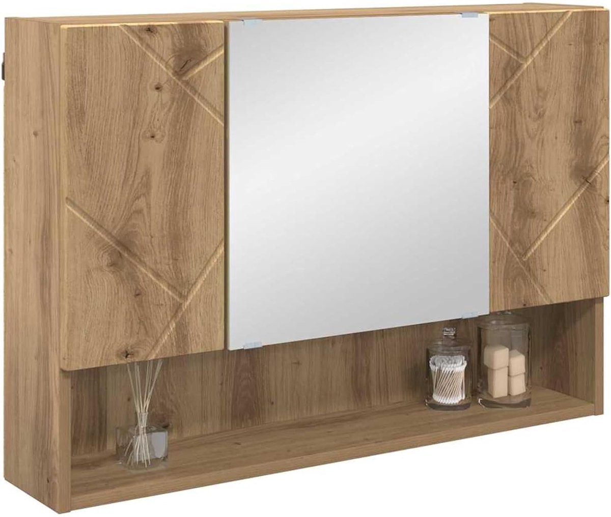 Spiegelkast badkamer 3-deurs met grote opbergruimte en heldere spiegel, houtmateriaal Artisan eiken, 80 x 17 x 55 cm, wandmontage - modern, vochtbestendig, voor kleine en grote badkamers