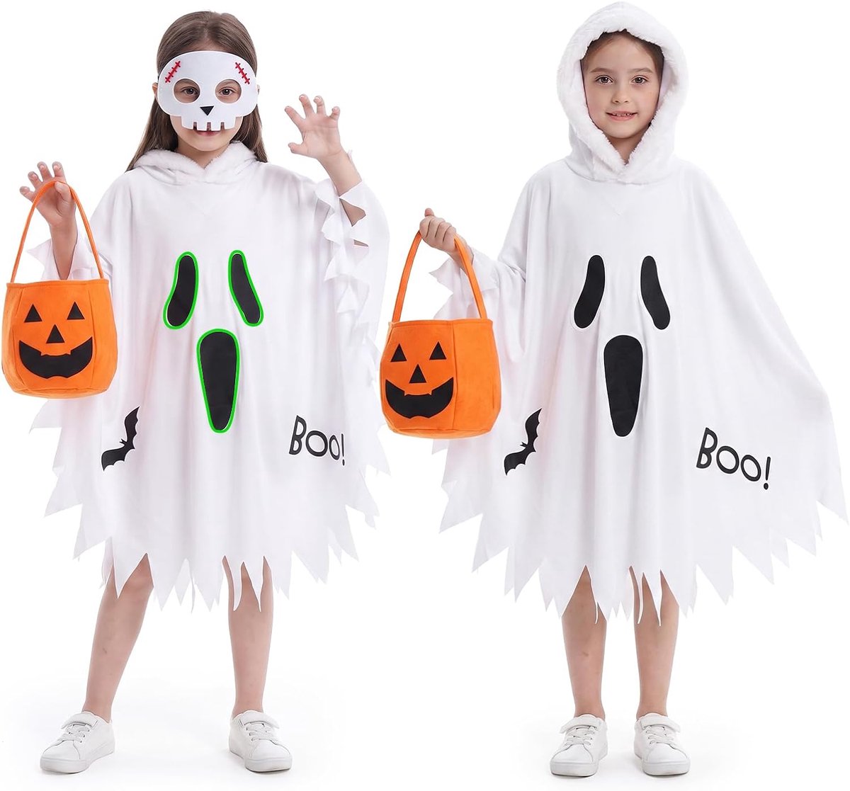 Geestkostuum voor kinderen, glow in the dark, Halloween-kostuum, geestcape met capuchon, pompoen tas en maskers, Boo spookgezicht, spookkostuums voor jongens en meisjes, voor Halloween, party