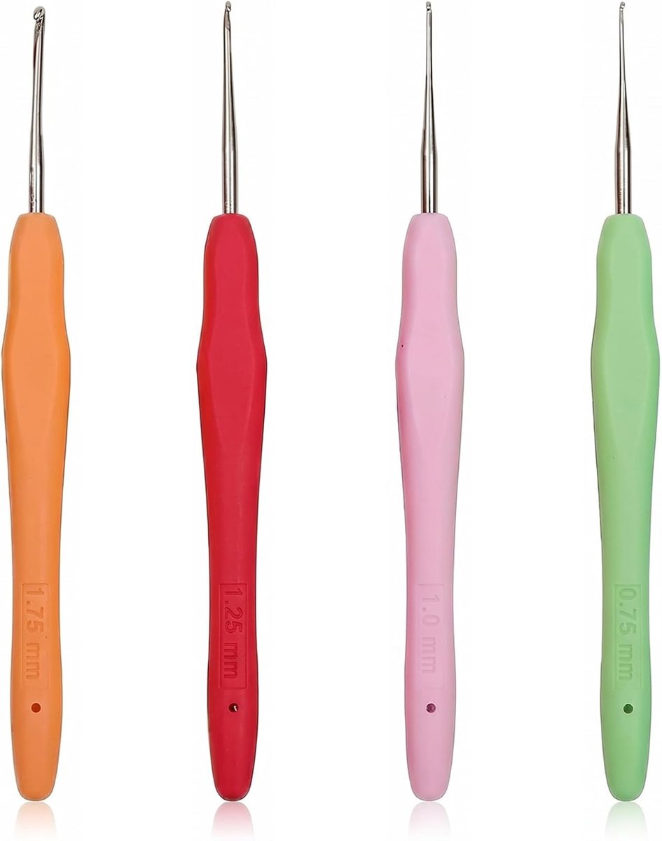 4 stuks haken 0,75 mm, 1,0 mm, 1,25 mm, 1,75 mm, klein formaat, ergonomische handgreep, kanten haken voor breien, sjaals, handschoenen, tassen, hoeden, sokken
