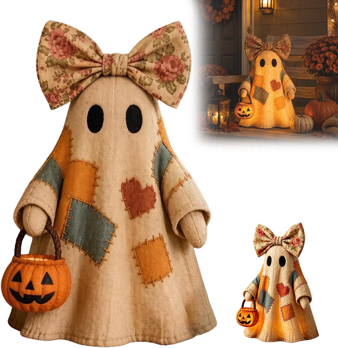 Vintage patchwork-spook-Halloween-decoratie, led-spooktafelfiguur, verlichte geest met pompoenlantaarn, rustieke boerderij-Halloween-decoratie, seizoensdecoratie voor open haardbank