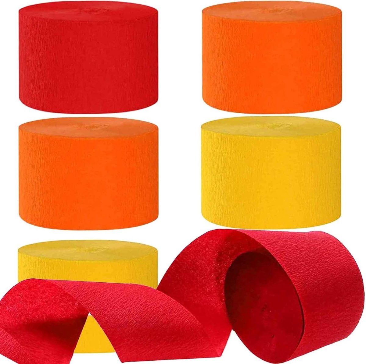 Set van 6 rood, oranje en geel 4,5 cm x 25 m crêpepapier linten feestdecoratie