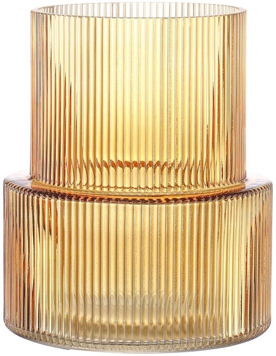 Amberkleurige Geribbelde Glasvaas - Moderne Vaas voor Bloemen en Tulpen - Decoratie voor Woonkamer, Eettafel, Hal, Schouw, Plank en Kantoor - 19 cm