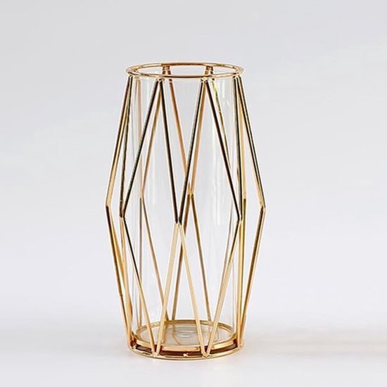 Glazen Vaas met Metalen Houder voor Pampasgras en Bloemen, Scandinavische Decoratie voor Bruiloft en Interieur, 22 cm Hoog, Gouden Accenten en Modern Design