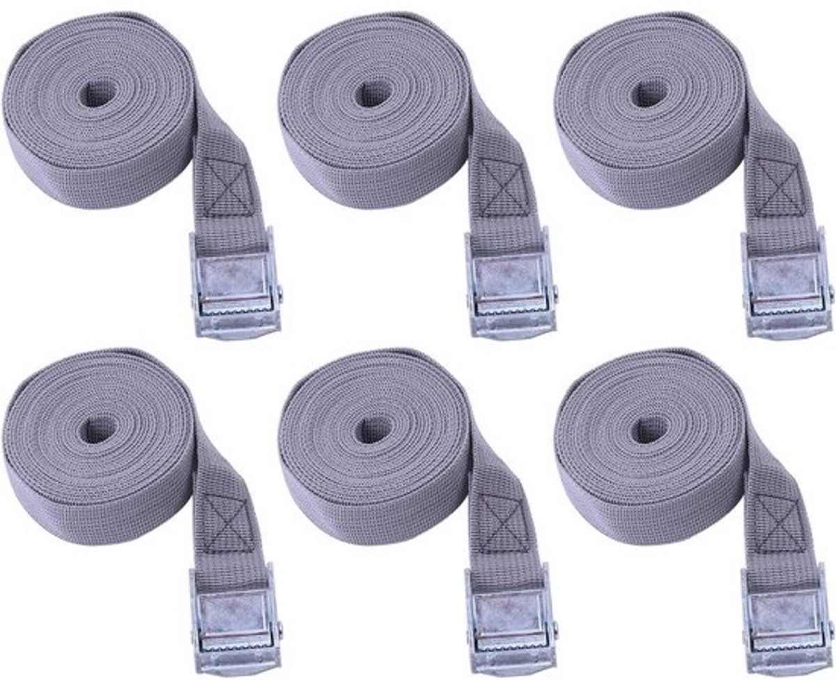 Set van 6 Ratelsjorbanden - Spanbanden met Gesp - Trekbanden voor Verwerking - Autotransport - Motorfiets - Fiets - Opslag - 25mm x 1m - Grijs-Beige