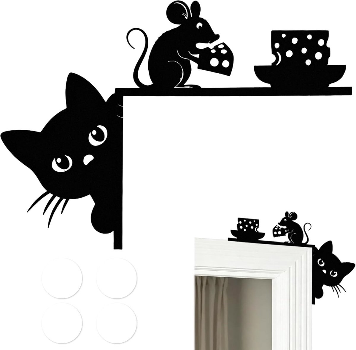Deurkozijndecoratie, multifunctionele kattendecoratie, creatieve deurkozijnkunst voor kamerdeur, thuis, badkamer, slaapkamer, robuust en duurzaam, de kat en de muis met de kaas, zwart