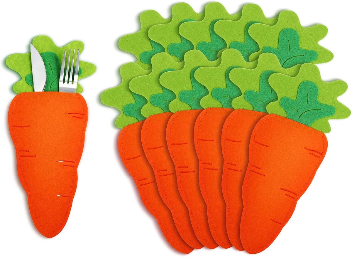 Bestektas voor Pasen, wortelvormige bestekzakken, schattig, wortelvorm, vilt, herbruikbaar, voor vorken en messen voor paasfeest, paasdecoratie, tafeldecoratie (12)