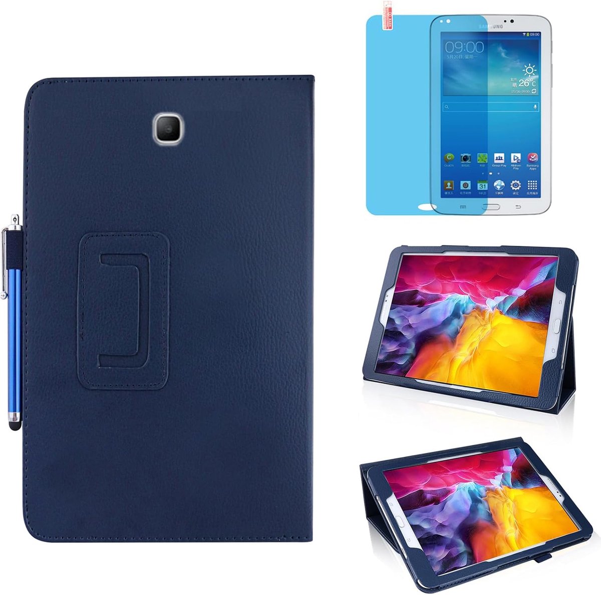 Beschermhoes voor Samsung Galaxy Tab 3 17,8 cm (7 inch) 2013 (SM-T210 T215 P3200), meerdere hoeken, standtablet-beschermhoes, beschermhoes, met stylus, beschermfolie, blauw