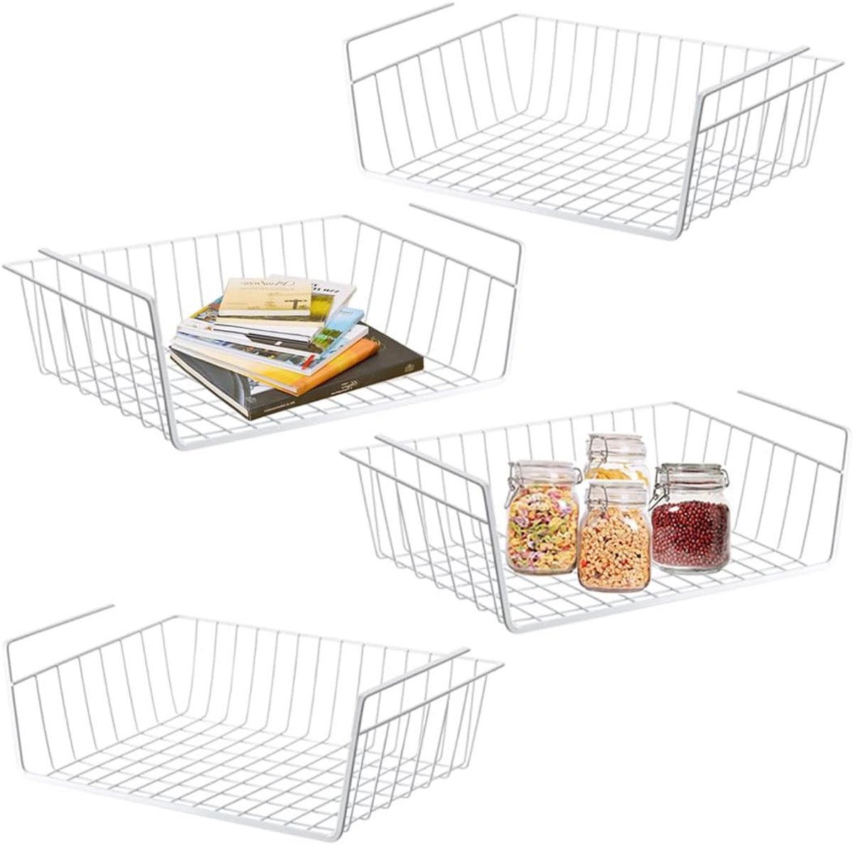 Opbergmand onder plank, WEERSTONE hangende metalen draad opbergmand organizer onder plank, verwijderbaar voor keuken, kasten, planken, kast, badkamer, kantoor (4 stuks wit)