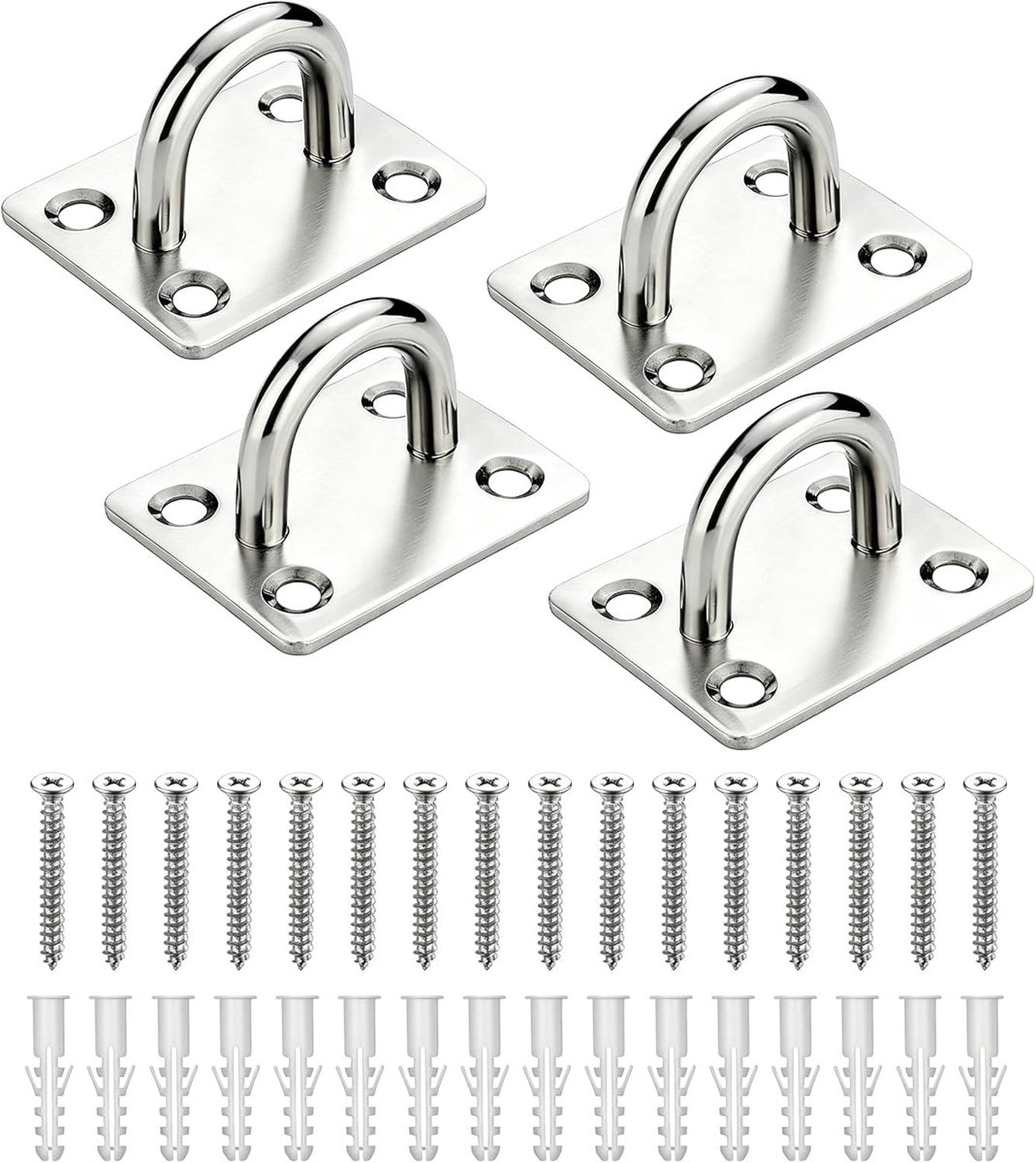 Set van 4 304 roestvrijstalen plafondhaken, U-vorm, zware haken met schroeven, roestvrij stalen oogplaathouder, voor plafondhaken, schommelhaken of kabelbevestiging