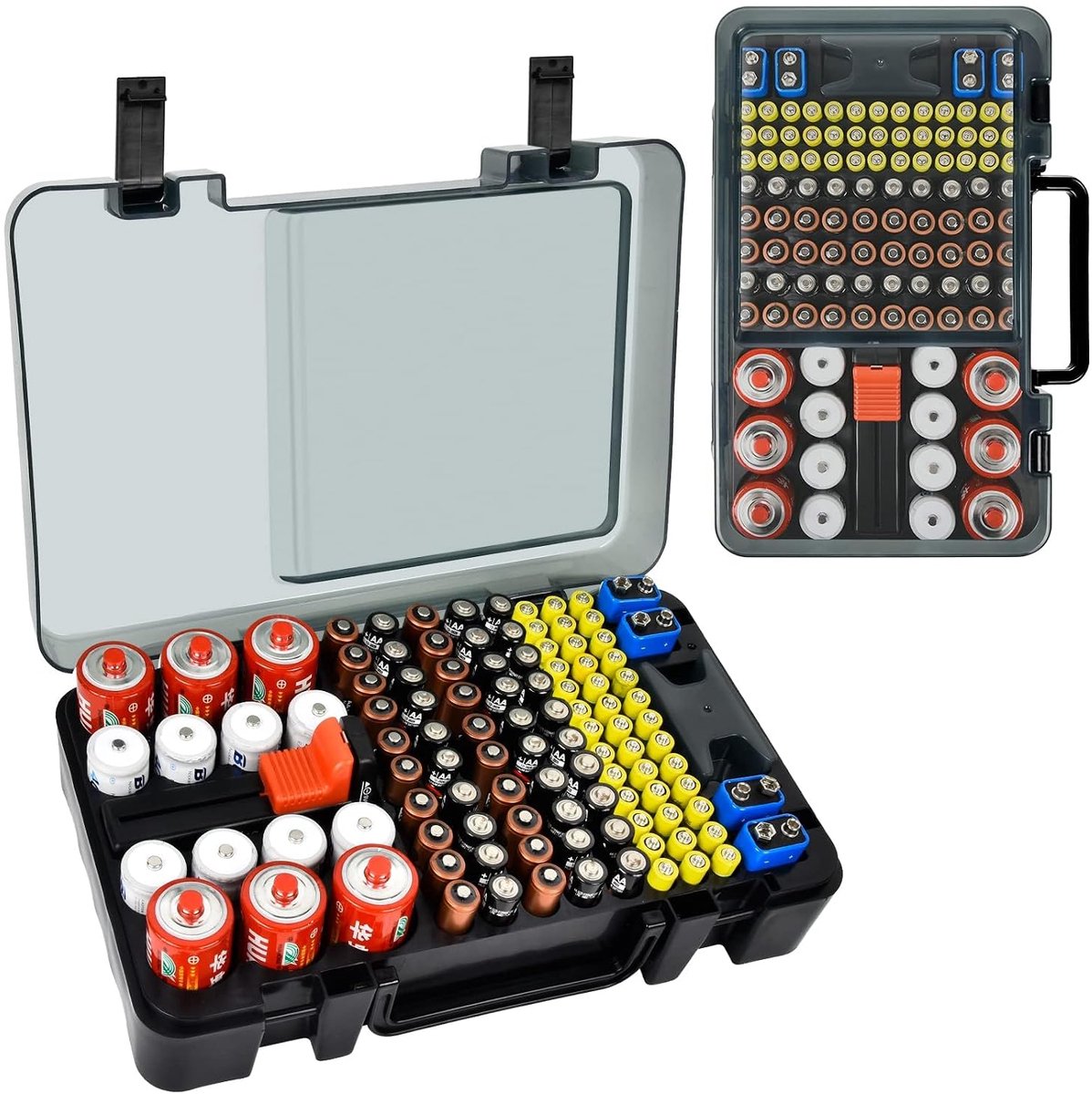 Batterij-Organizer Opbergdoos met Testapparaat. Batterijhouder-Box voor meer dan 120 AA-, AAA-, 9 V, C, D, Lithium, CR2025, CR1632 en CR2032 Knoopcelbatterijen met Wandhouder - Zwart