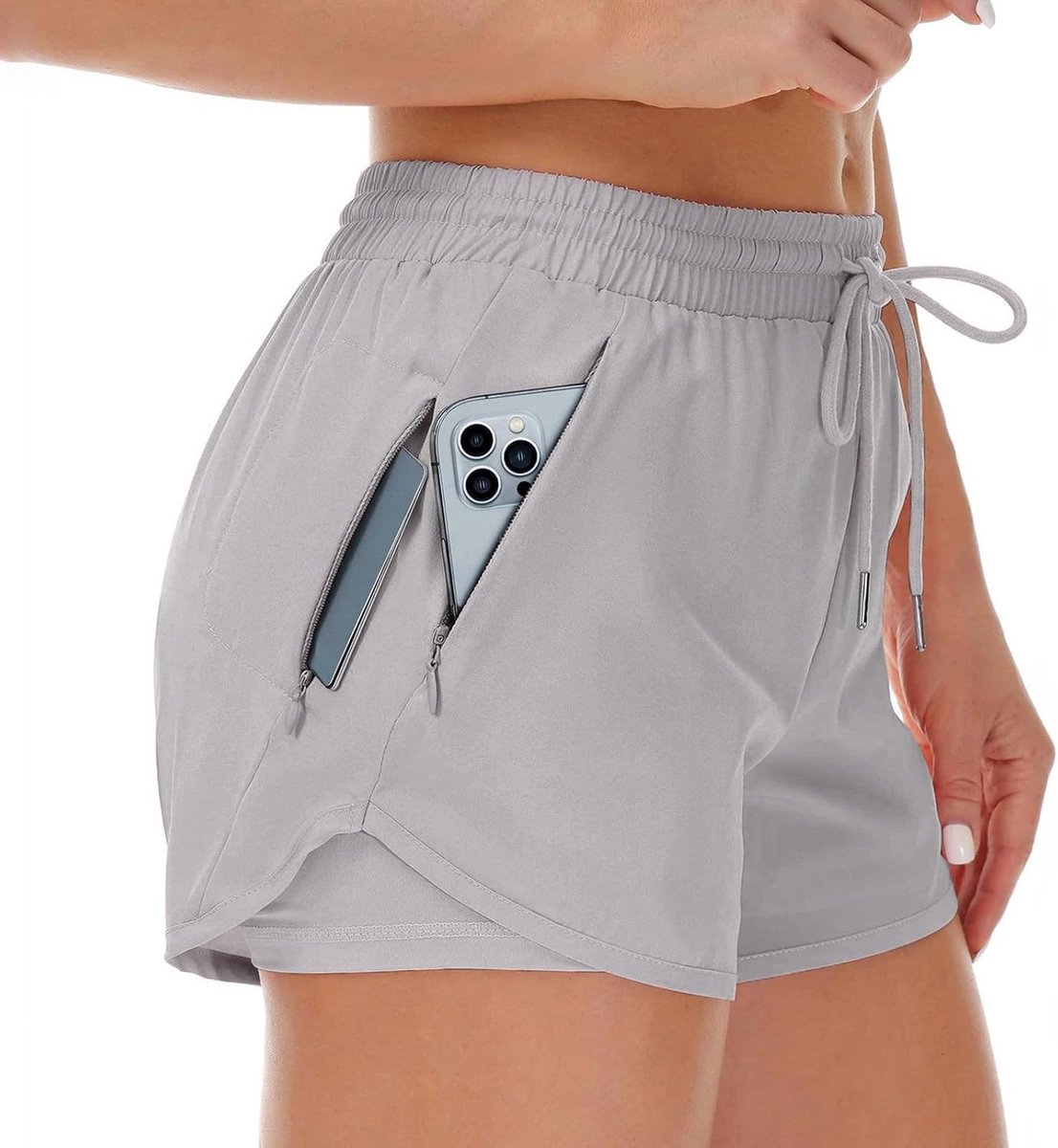 Shorts voor dames met middelhoge taille, 2-in-1 korte sportbroek en hardloopbroek met ritszakken