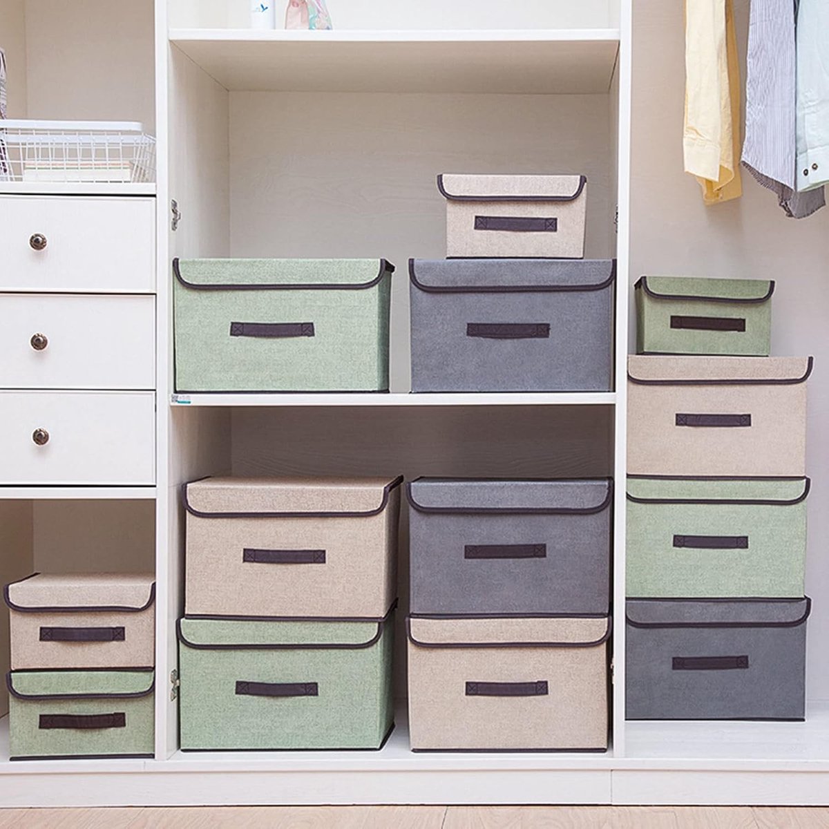 12 stuks stoffen opvouwbare opbergdozen met deksel (6 stuks, 36 cm, 6 stuks 26 cm stoffen opbergdozen met deksel, kledingorganizer voor het opbergen van kleding, ruimtelijke organisatie