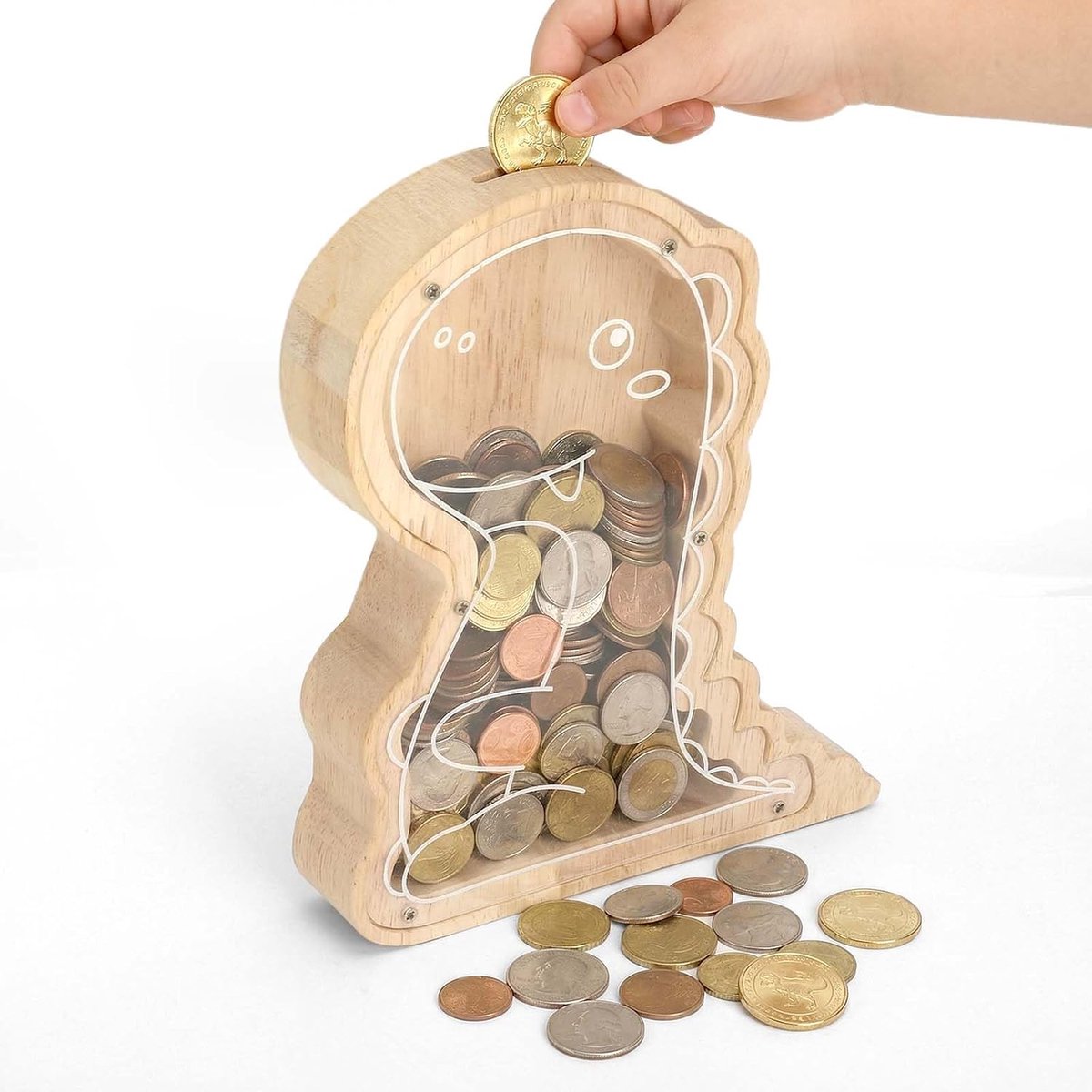 Spaarpot voor kinderen, jongens, dinosaurus, spaarpot, hout, kinderen, spaarpot, zichtbare spaardoelen en motivatie, geld besparen, leren met avontuurdesign, cadeau voor jongens van 6, 7, 8