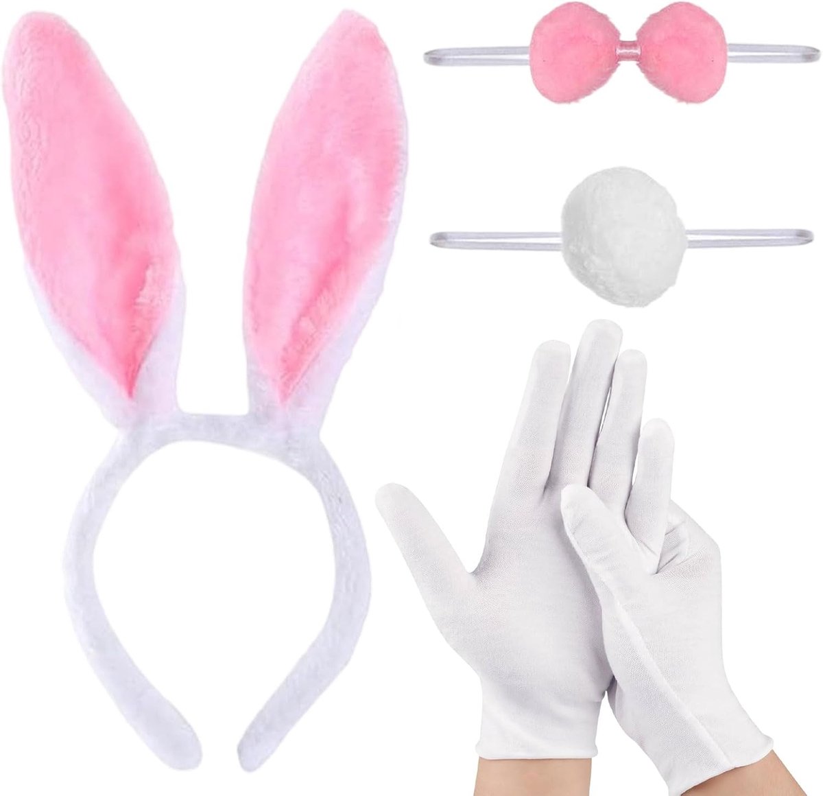 4 stuks konijnenkostuum, roze hazenkostuums voor volwassenen, hazenoren, staart, witte vlinderdas, handschoenen, hazenaccessoires voor carnaval, Halloween, Pasen