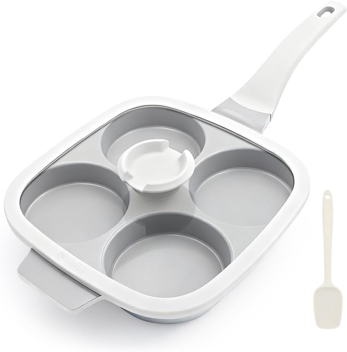 4-Gaats met Keramische Coating en Deksel, Multifunctionele Ei Burger Pan en Pannenkoek Pan, Gebakken Ei Pan voor Ontbijt, Geschikt voor Alle Kookplaten - Wit