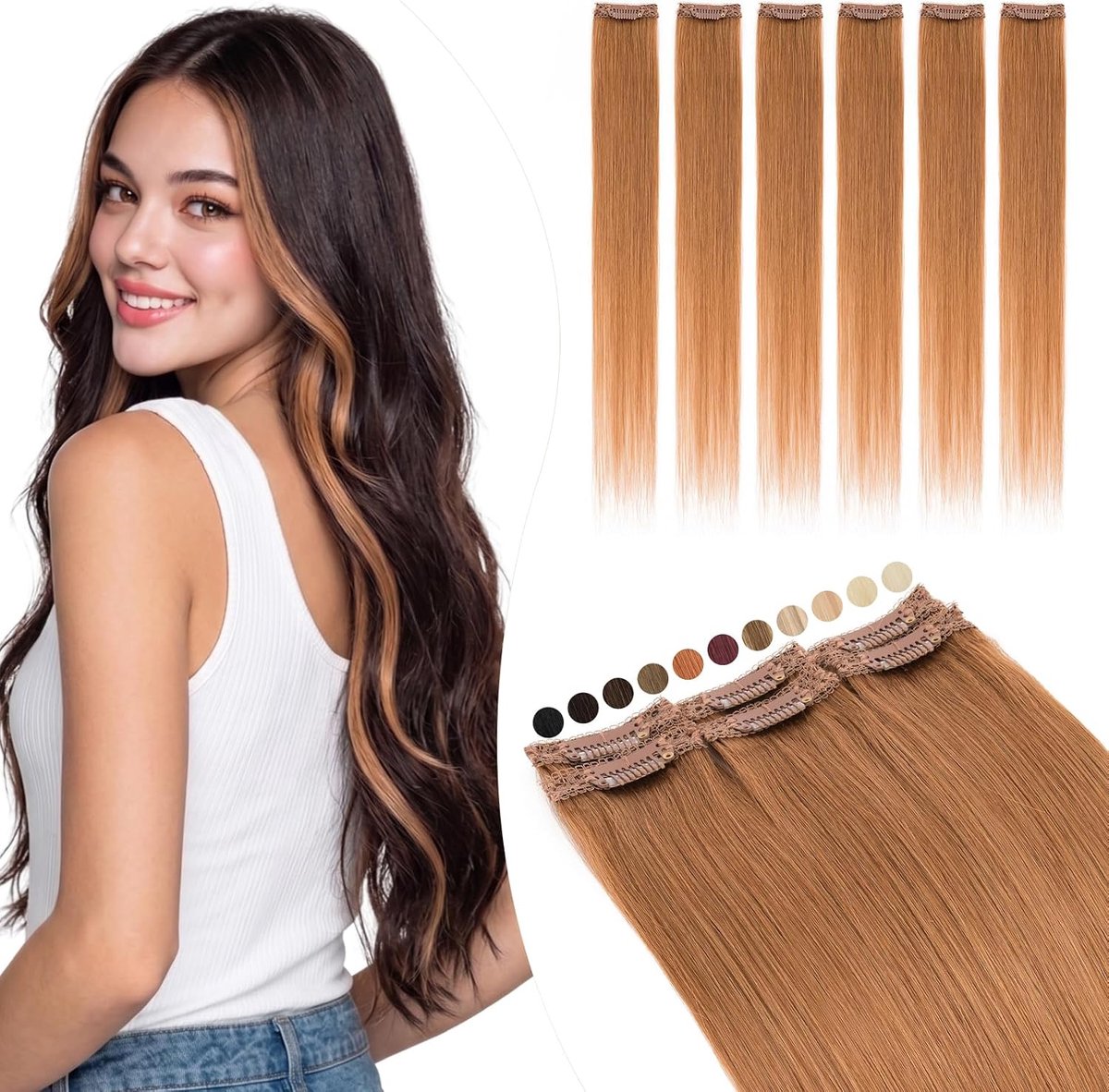 Haarextensies van echt haar, clip, bruin, zijde, kant in strengen, 6 stuks, clip-in haarverlenging, onzichtbaar, 31 g, 25 cm, voor volume/medium (#30 licht koperbruin)