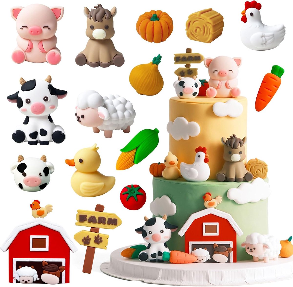 Verjaardagsdecoratie, boerderij taartdecoratie, koe, taartdecoratie, tractor, koe, varken, kip, dierthemafeestdecoratie, verjaardagstaartdecoratie voor meisjes en jongens