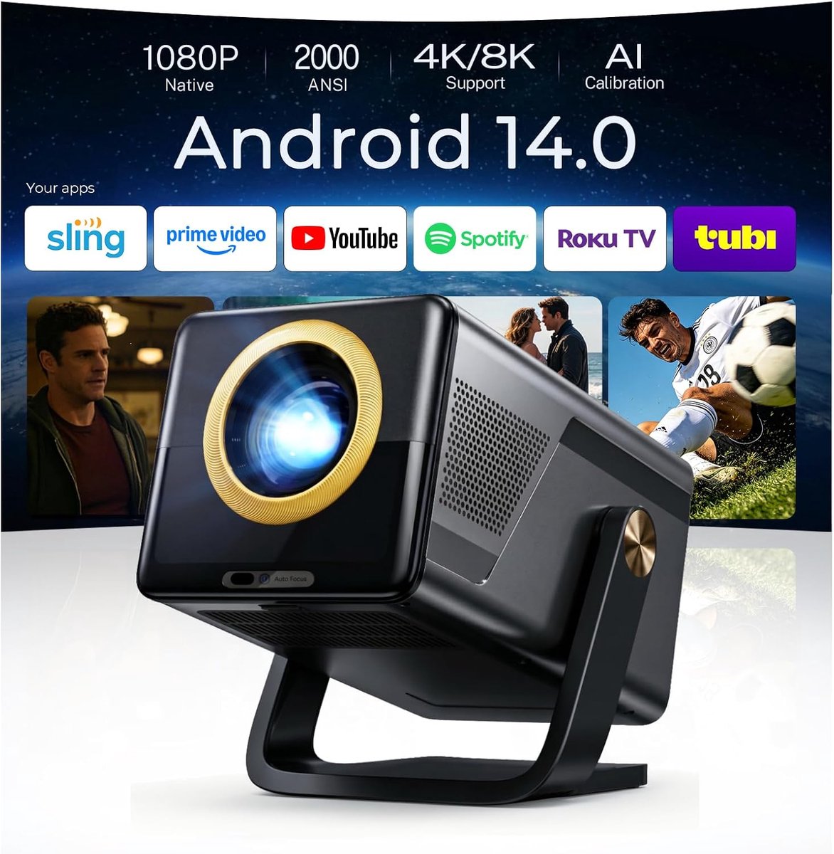 2000 ANSI Native 1080P Smart Projector, 4K ondersteund, Android 14 projectir Mini Projector met WiFi & Bluetooth, Auto Focus, Keystone, 4K Projector Home Cinema voor Slaapkamer & Outdoor Projector X7