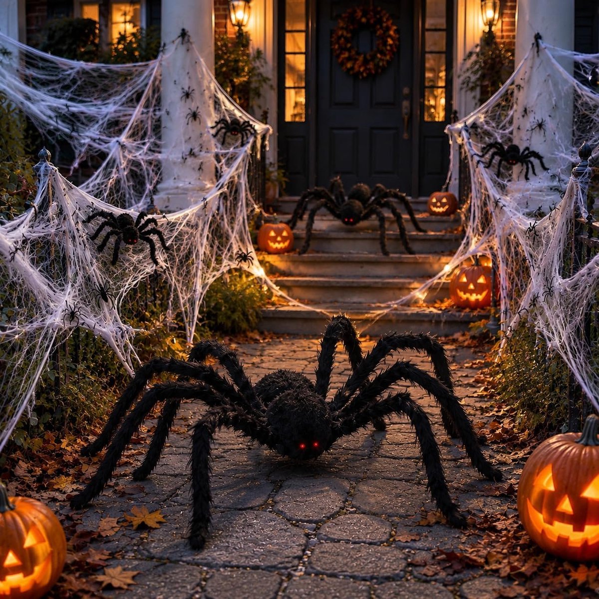 Spinnen voor Halloween, 2 stuks, 90 cm + 75 cm, Halloween-decoratie, outdoor, tuin, griezelige spin, grote set, met groot spinnenweb-decoratie