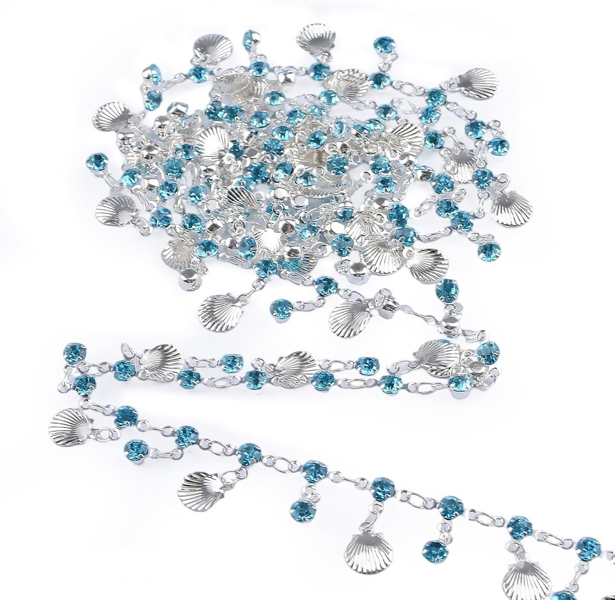 Shell Strass franje trim, schelp kwastje ketting met blauwe strass opknoping kralen franje lint voor naaien bikini strand kostuum doe-het-zelf ambachten