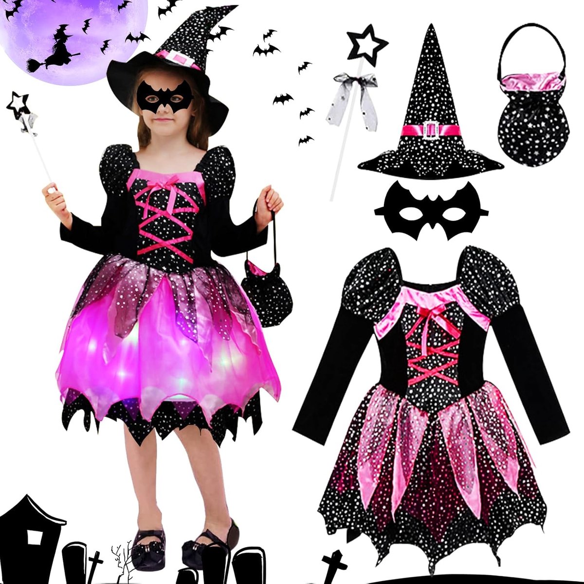 Halloweenkostuum voor kinderen, heksenkostuum voor meisjes, heksen, verkleedset met tutu, rok, heksenhoed voor meisjes, cosplay, themafeest
