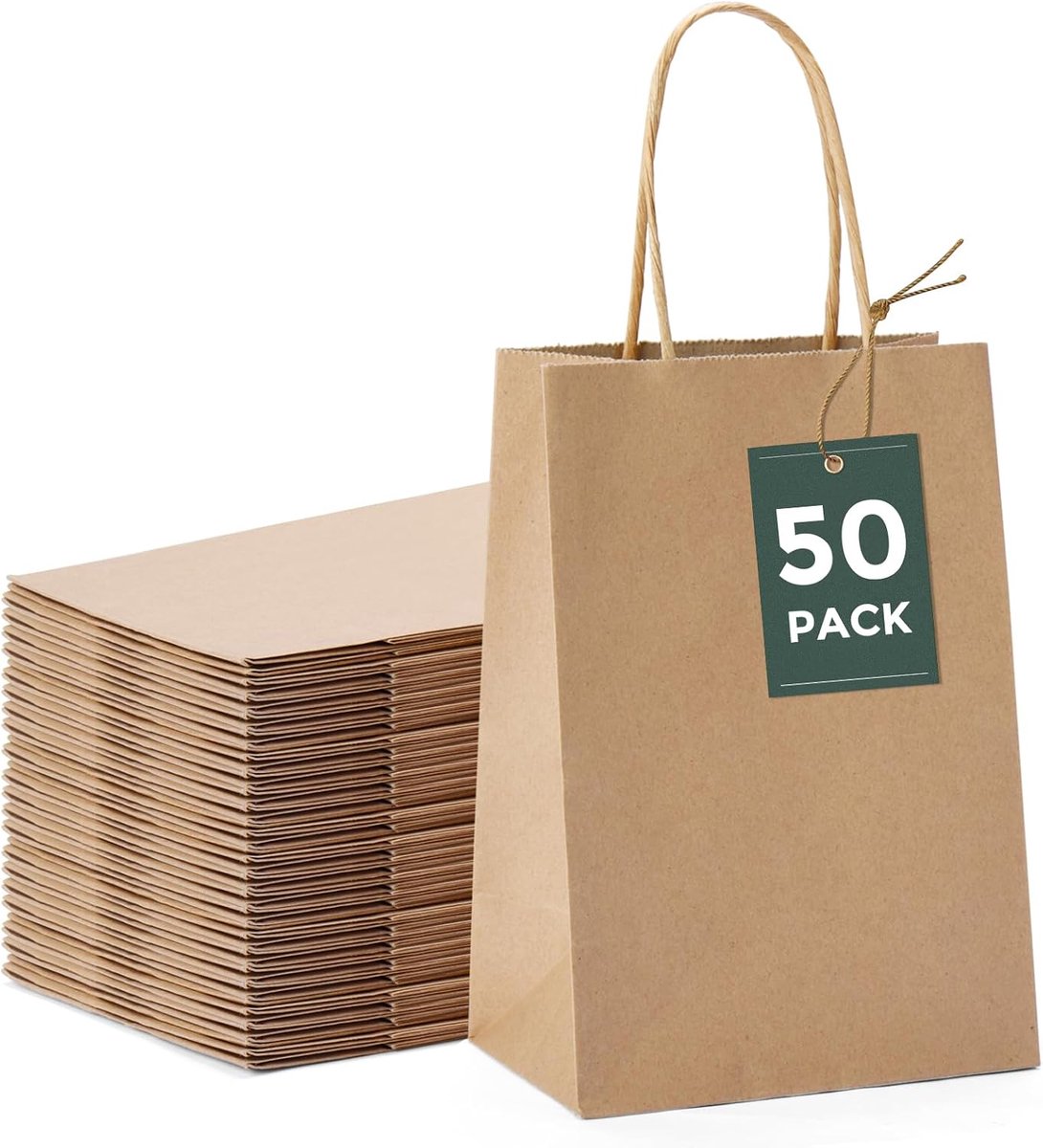 Papieren zakjes, cadeauzakjes, 50 stuks, bruin, 13,3 x 9,5 x 20,3 cm, kraftpapier met handvat, voor verjaardag, Kerstmis, bruiloft, detailhandel, doe-het-zelf