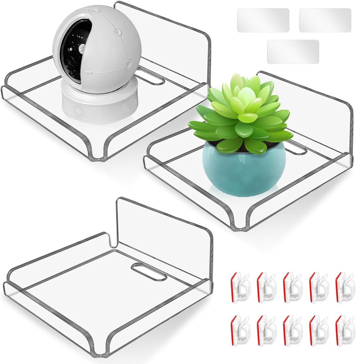 Set van 3 Wandplanken zonder boren, Acryl Wandplank met 10 Kabelclips voor Badkamer, Woonkamer, Slaapkamer, Keuken en Kantoor, Compact en Functioneel 4 x 4 x 4.5 cm