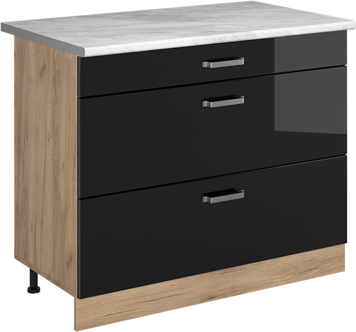 Vicco Keukenonderkast R-Line, Zwart hoogglans/Goudkleurig Eiken, 100 cm marmer werkblad
