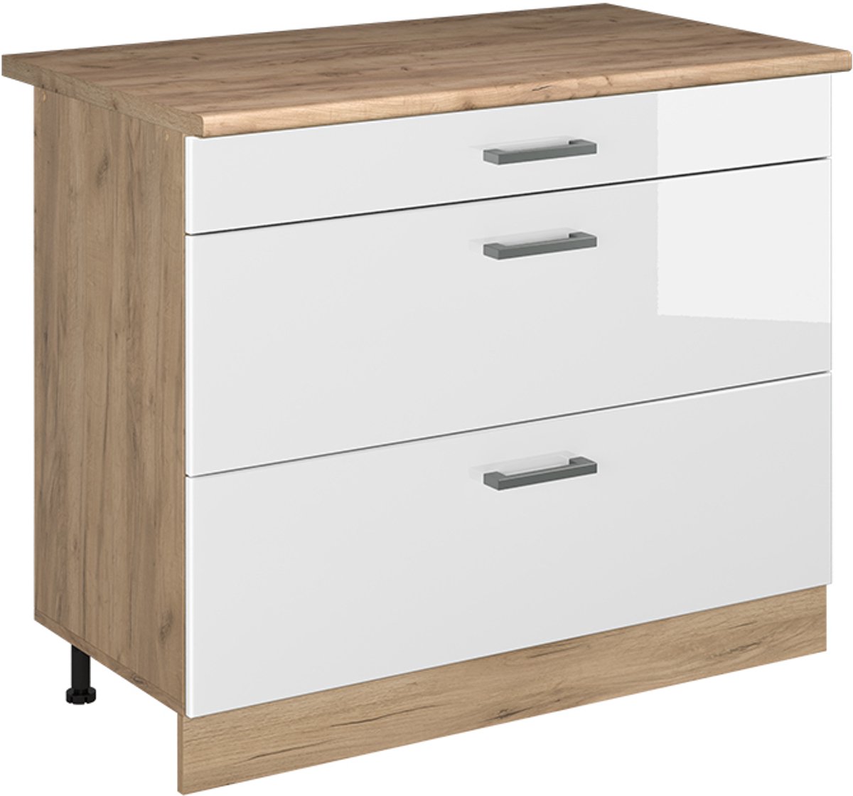 Vicco Keukenonderkast R-Line, Wit Hoogglans/Goudkleurig Eiken, 100 cm goudkleurig eiken werkblad