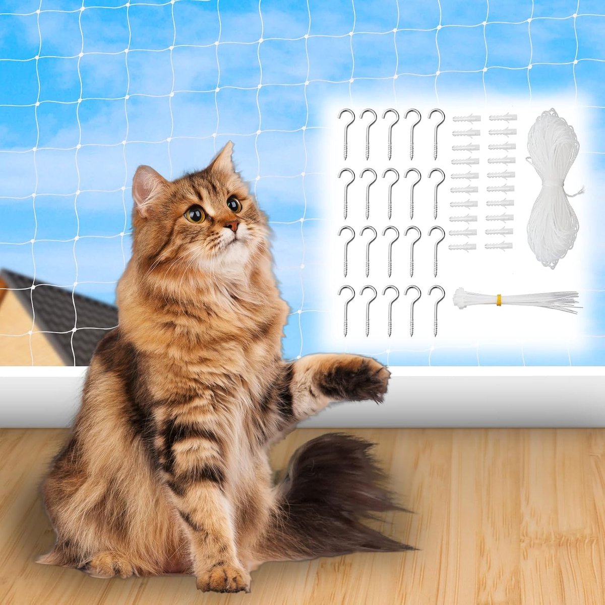 Kattennet voor balkon, kattenbeschermingsnet, 10 x 3 m, kattennet voor balkon, zonder boren, met bevestigingskoord en accessoires, geschikt voor balkons, terrassen, ramen en hekken