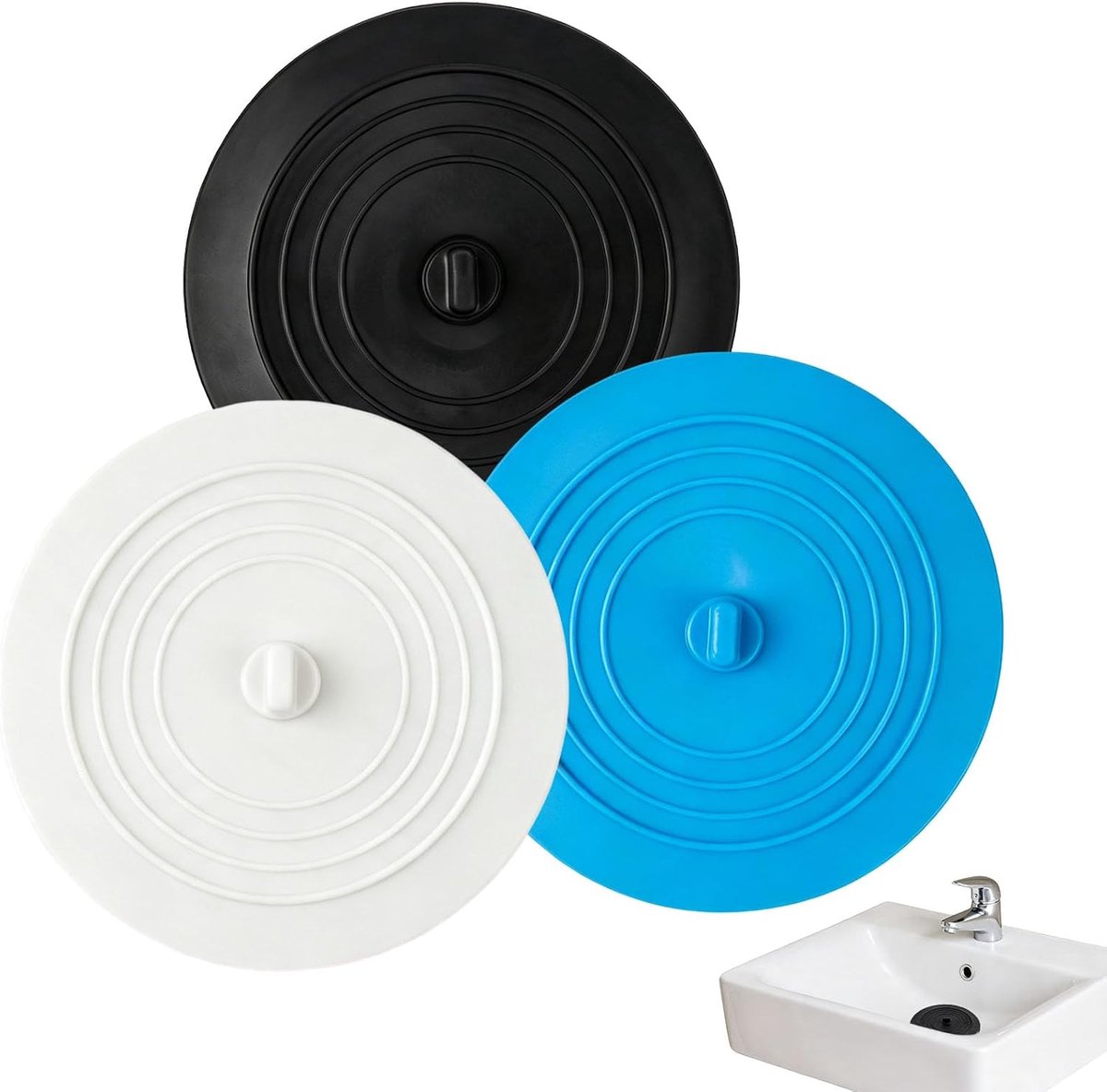 3 stuks siliconen afvoerstoppen, universeel, stop wastafel, siliconen voor douche, badkuip, afvoerstop, wastafel, gootsteen, badkuipstop (blauw + wit + zwart)