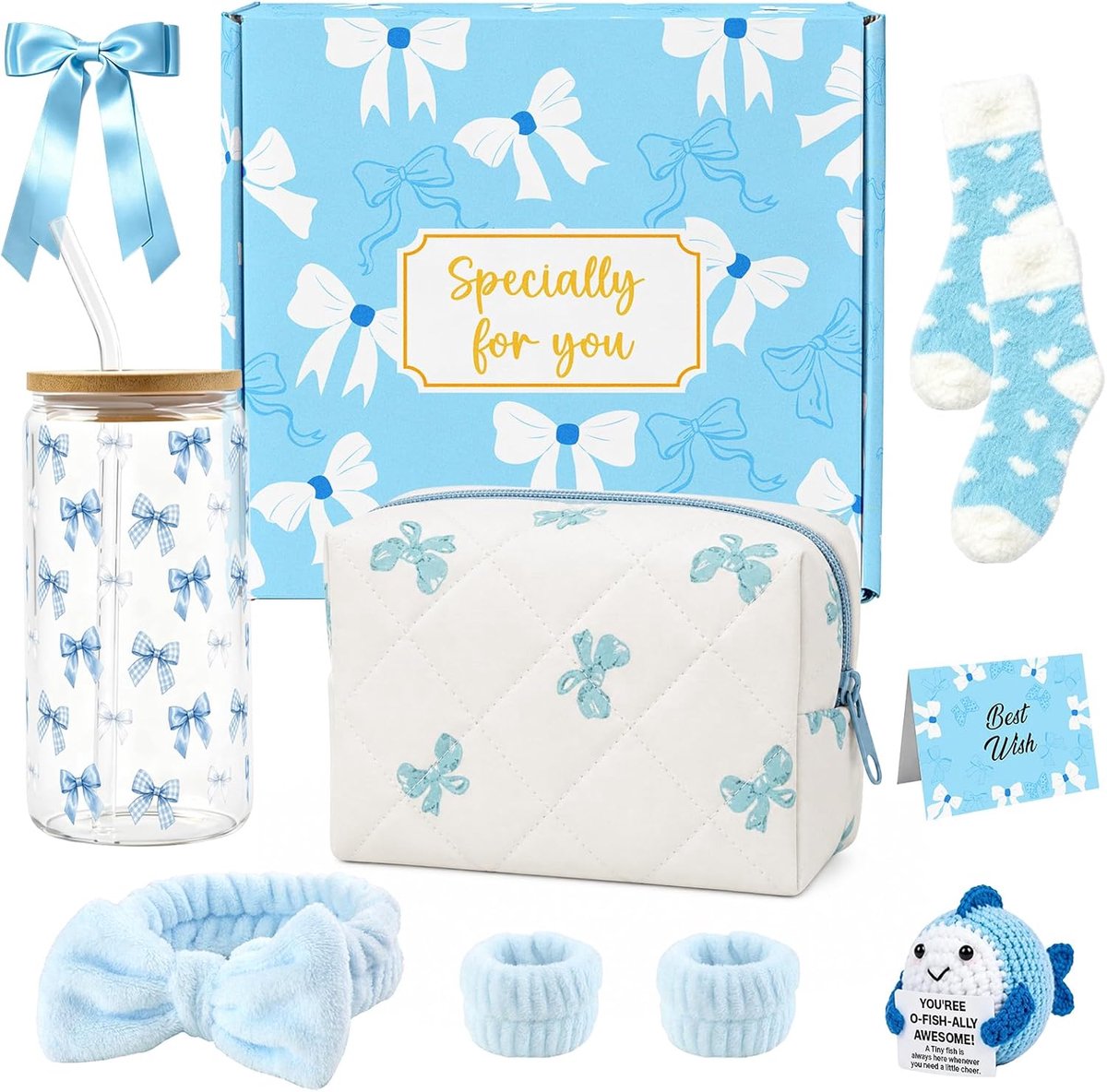 Cadeaus voor meisjes tiener 9 10 11 12 13 14 15 16 jaar oud, verjaardagscadeaus voor meisjes leeftijd 8-16, glazen beker, positieve pop, cosmetische tas, hoofdband, sokken, grote strik