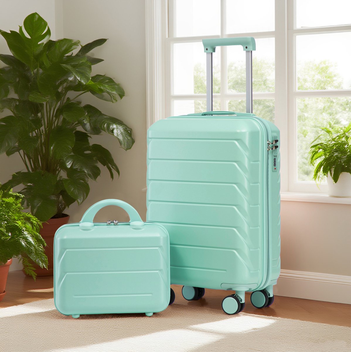 MEUNIQ 2-delige ABS hardcase kofferset 19 inch met 14 inch cosmetickoffer, cijferslot, 360° spinnerwielen en verstelbare trekstang voor korte reizen, mintgroen
