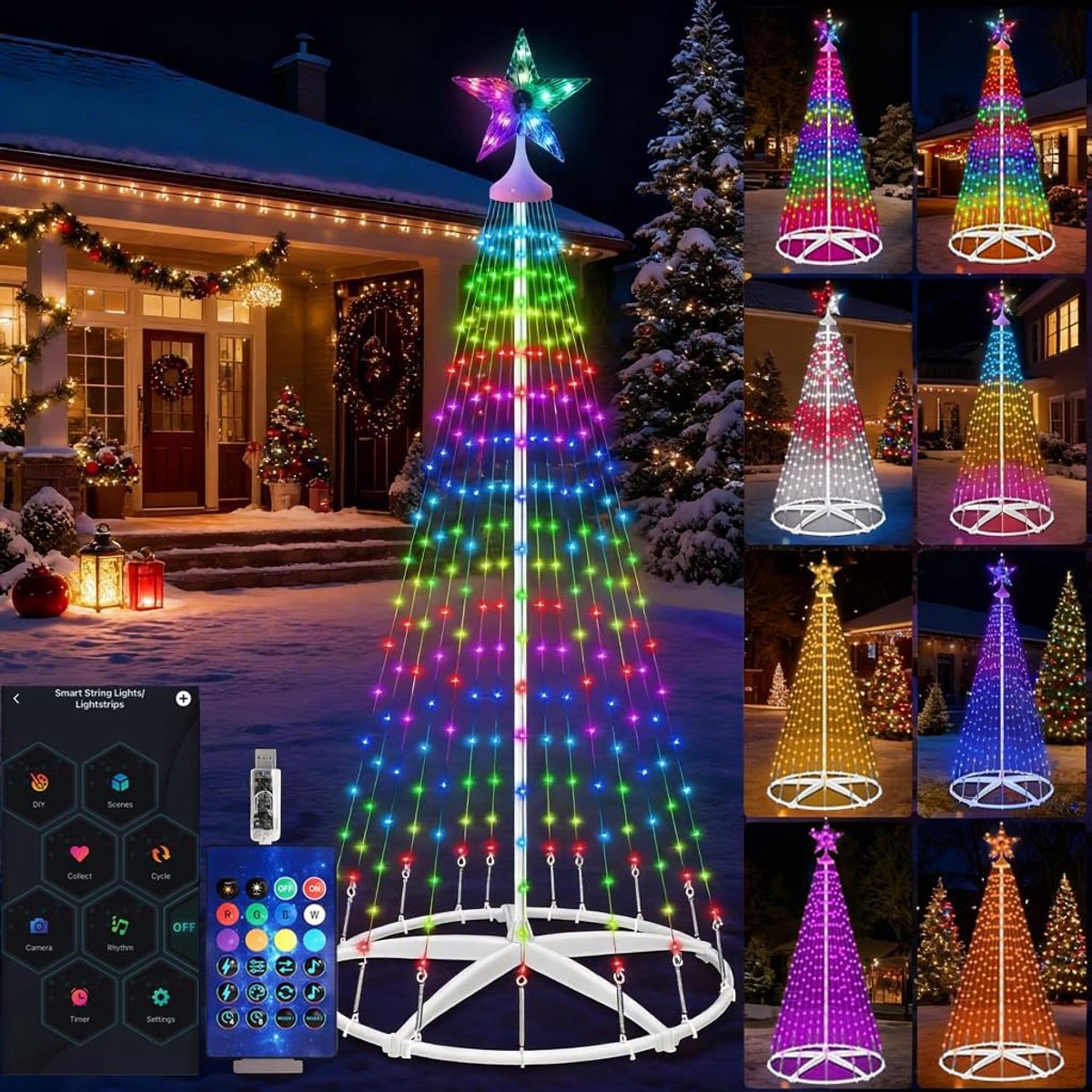 Smart Led-lichtsnoer voor de kerstboom, 150 cm, kerstverlichting met sterren, app en afstandsbediening, USB-aansluiting, RGB, dimbaar, doe-het-zelfmodus, timer, kerstdecoratie, lichtboom voor