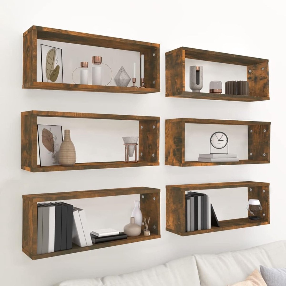 Kubische Wandplanken, Boekenplank, Wandrek, Zwevende Planken, Decoratieve Emmer voor Keuken, Slaapkamer, 6 Stuk, Hout, Rokerig Eiken, 60 x 15 x 23 cm