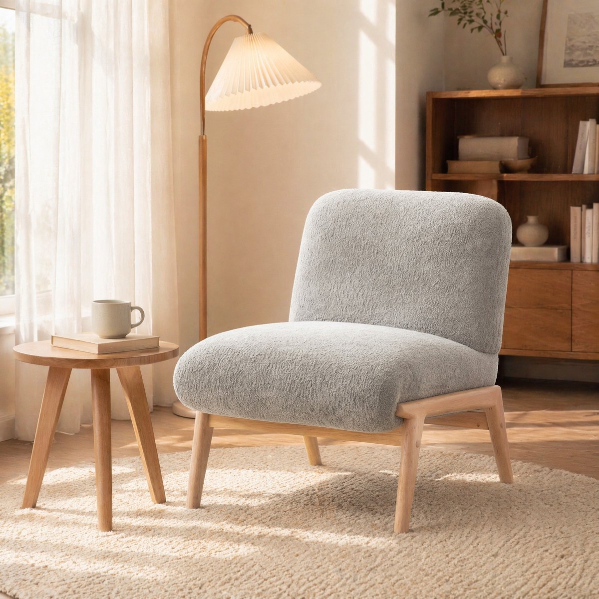 MEUNIQ Scandinavische fauteuil van grijze chenille, zonder armleuningen met houten poten, 74 cm breed, voor woonkamer en slaapkamer Grijs