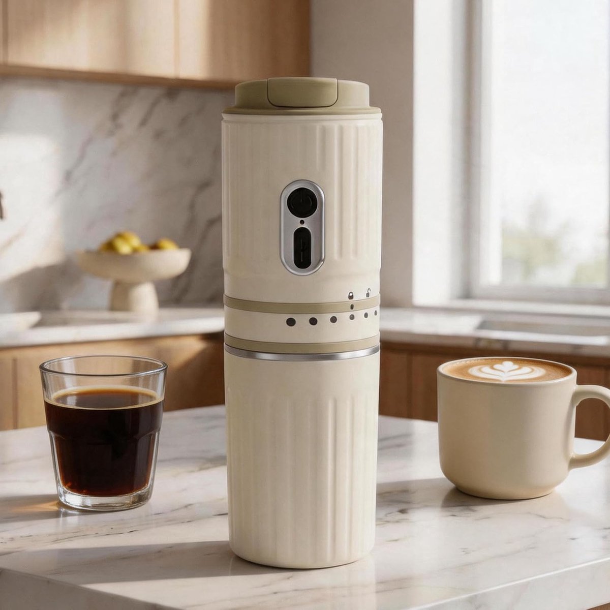Espressomachine, wit, elektrisch, reiskoffiezetapparaat, elektrische koffiemolen met automatisch malen en roestvrijstalen filter, voor wandelen, kamperen