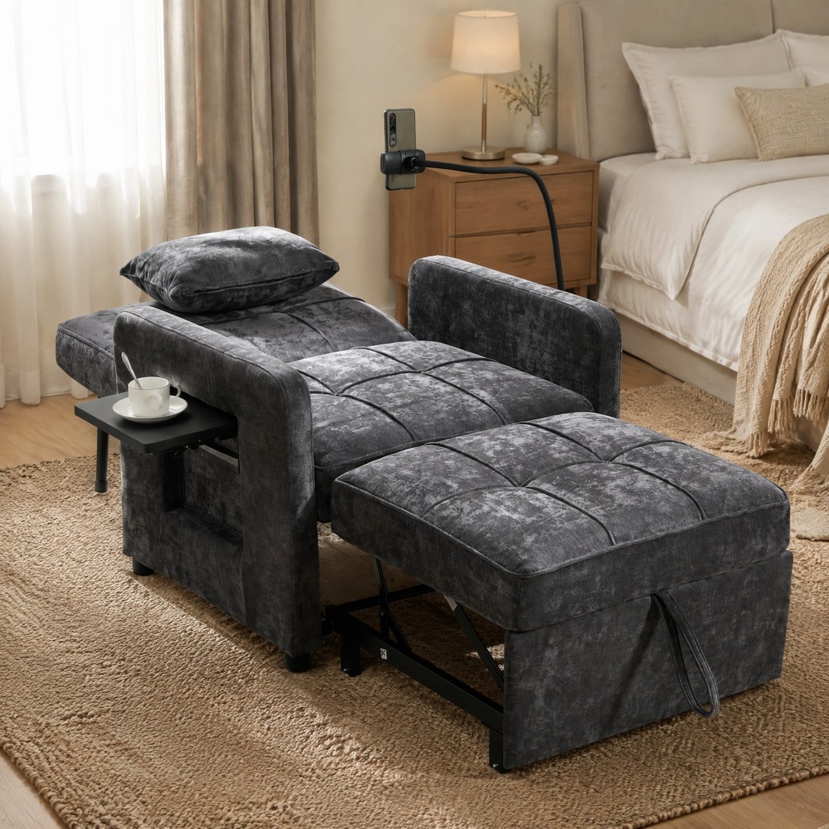 MEUNIQ 2-in-1 fauteuil en ligstoel 167 x 79 x 83 cm met 5-voudig verstelbare rugleuning, kussen, opbergvakken en dienblad, donkergrijs chenille