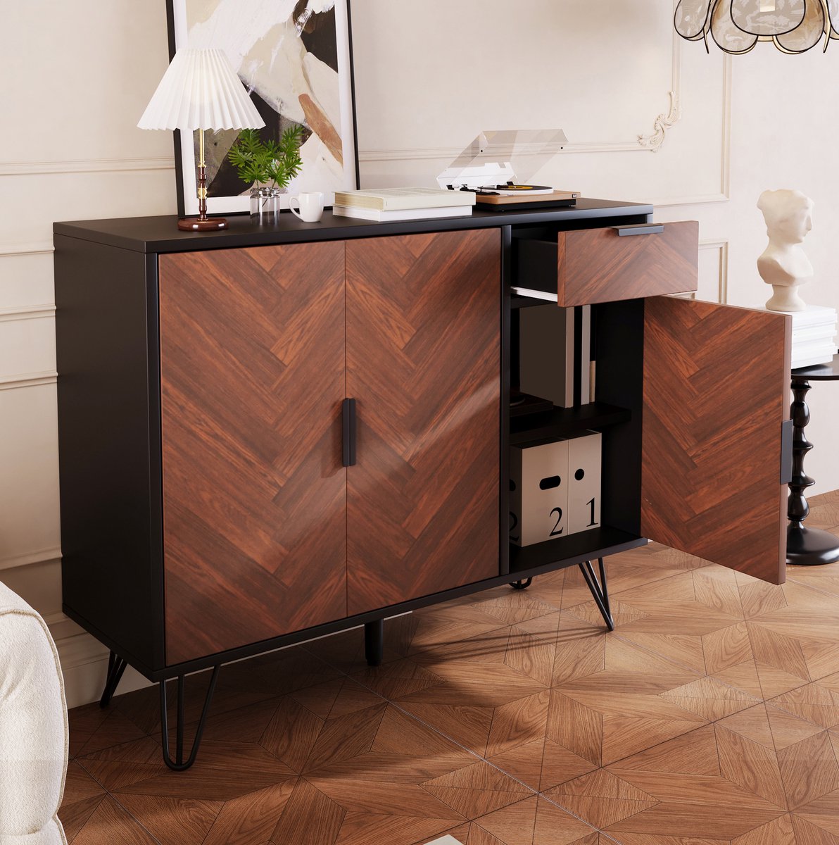 MEUNIQ Dressoir opbergkast 90 x 30 x 71,5 cm met lade, 3 deuren, verstelbare planken en metalen poten voor woonkamer, hal of slaapkamer – zwart houtkleur