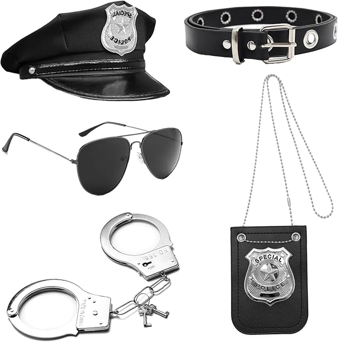 Politie Kostuum Accessoires Hoed, Badge, Riem, Handboeien en Bril voor Carnaval en Halloween Feestjes