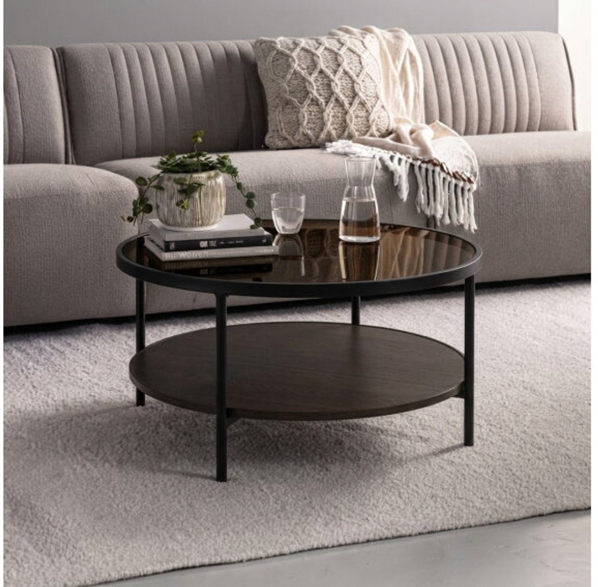 Salontafel Harald rond glas Ø84 cm - Espresso bruin