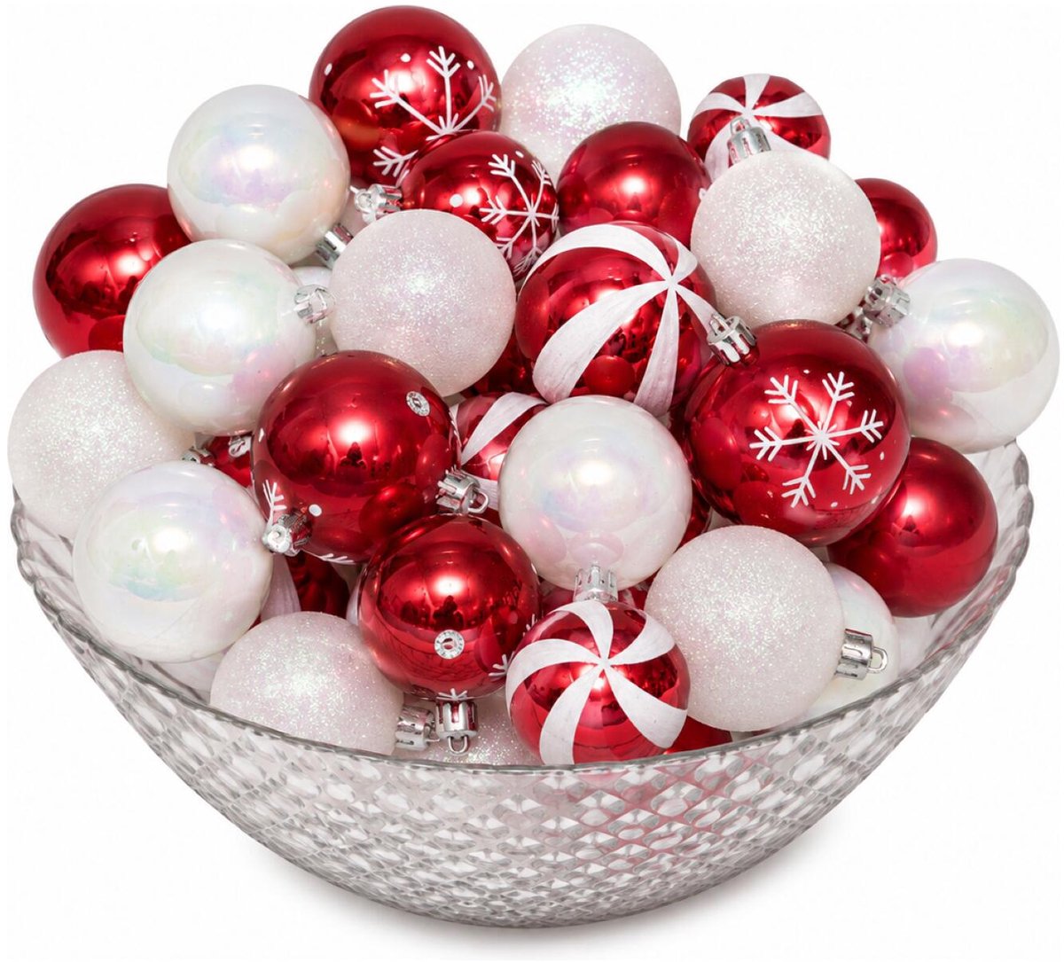 Feeric Christmas Kerstballen - 60x st - wit met rood mix - diverse maten - kunststof - kerstversiering